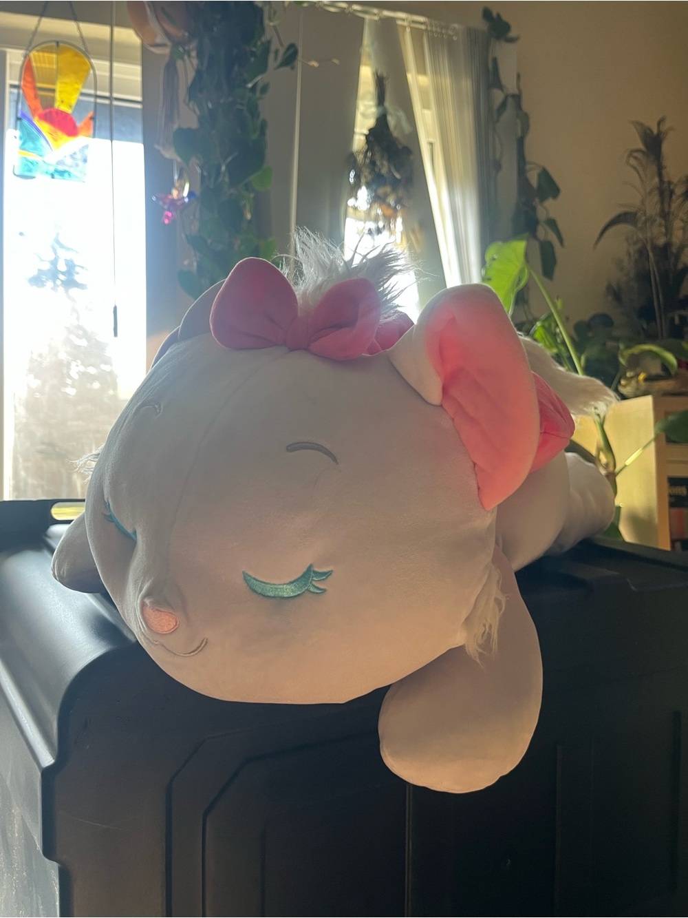 Disney Large Pink and White Sleeping Cat Plush with Bow